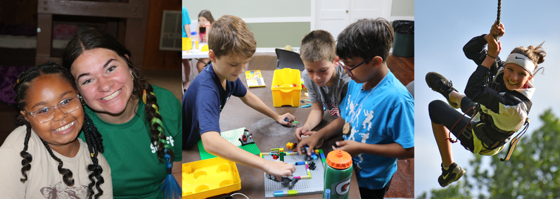 Three-panel collage: two girls smiling together, boys building with LEGO, and a girl rope-climbing outdoors.